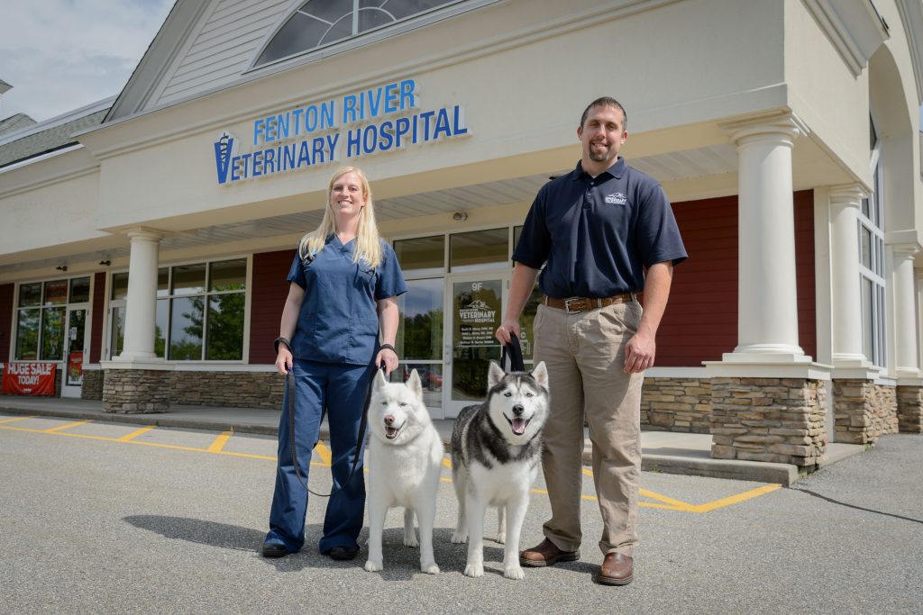 Veterinarians Heidi Morey ’05 (CAHNR) and Scott Morey ’06 (CAHNR) with Jonathan XIII (left) and Jonathan XIV at Fenton River Veterinary Hospital in Tolland.