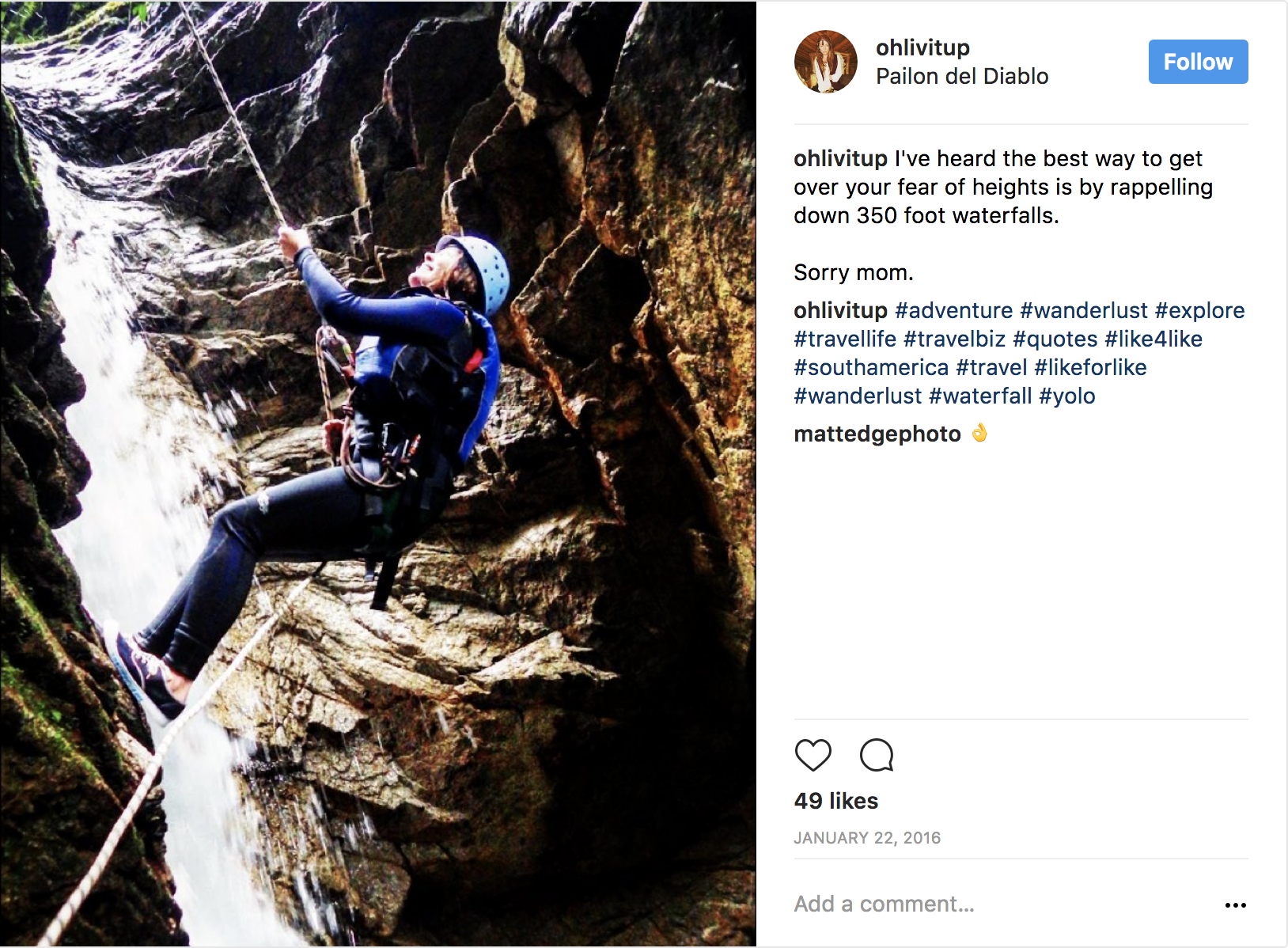 rappelling down a 350-foot waterfall in Ecuador